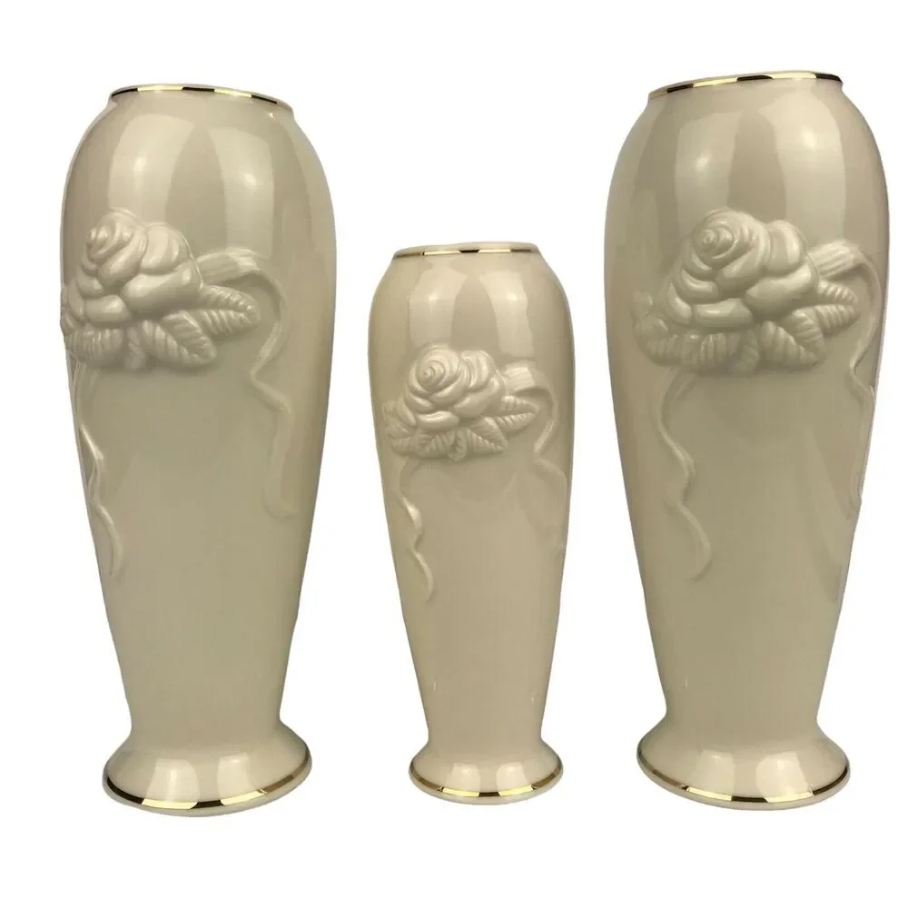Lenox Rose Blossom Vases Ivory Porcelain 24k Gold Trim 5.75'' 7.5'' Set of 3 EUC
